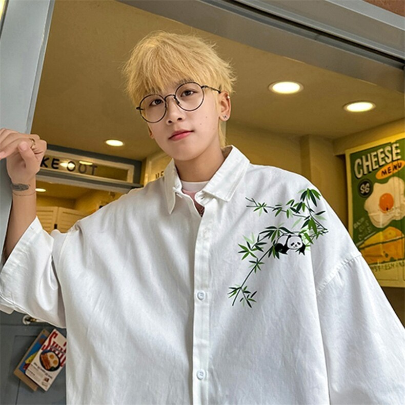 新中式竹子印花衬衫风高级感上衣春夏短袖衬衣宽松慵懒垂感男,男装T恤,星座1210-1