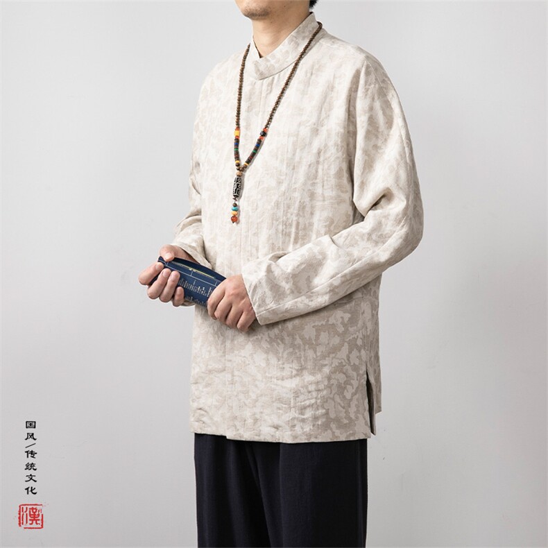秋冬新款风男装棉麻提花立领新中式唐装衬衫C285P85,男装衬衫,钱塘802