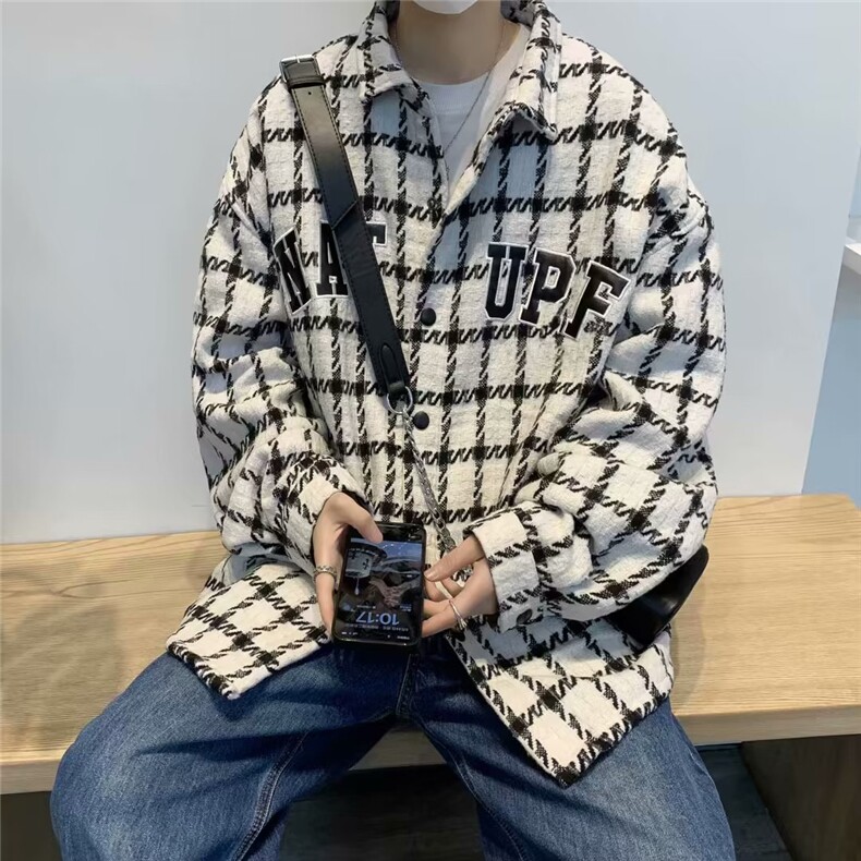 小香风格子衬衫男秋季港风复古宽松痞帅外套X119P58,男装夹克,星座1116-2