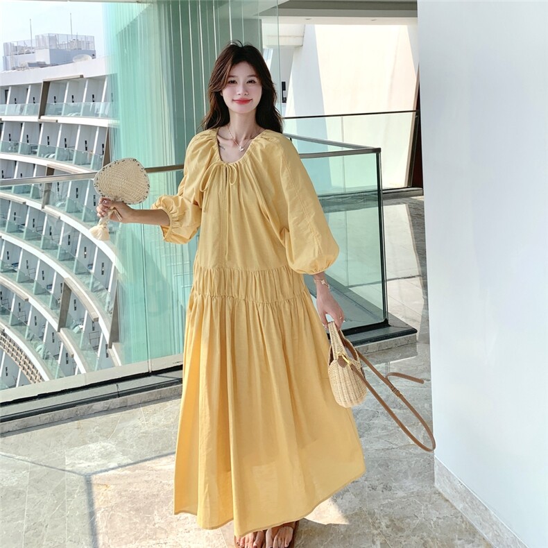 黄色度假风灯笼袖连衣裙女2025夏季新款法式复古高级感气质长裙子,女装连衣裙,2C115