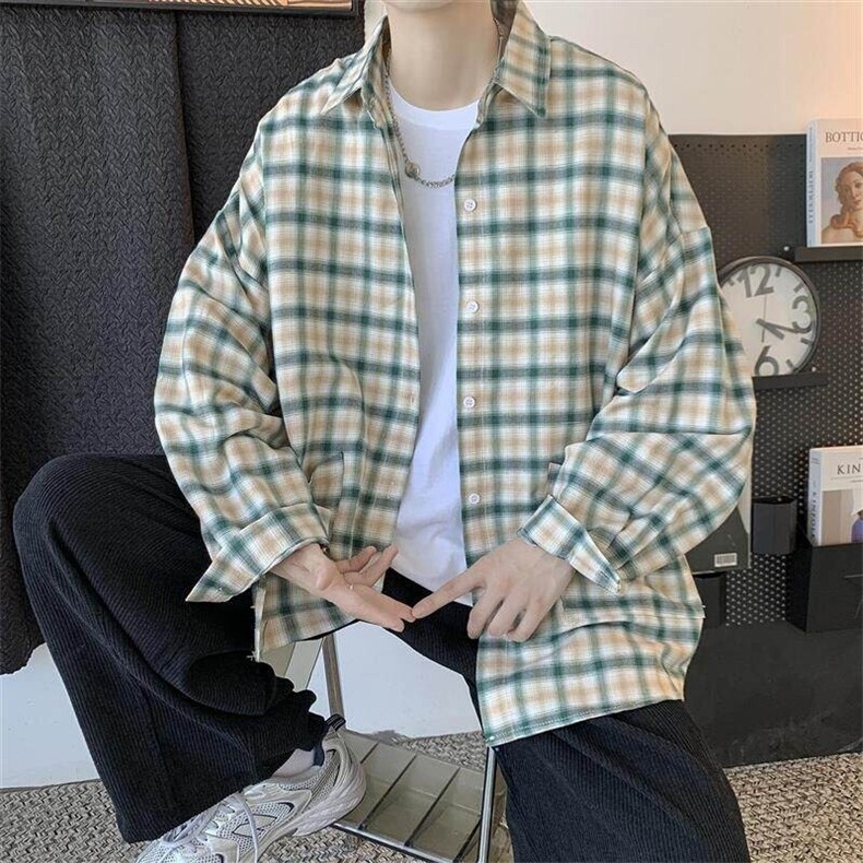 春夏格子薄衬衫情侣港风潮流复古休闲衬衣外套美式H211/P45,男装衬衫,电商A221A
