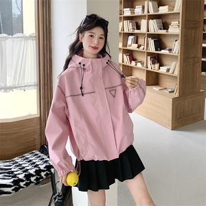 粉色超好看减龄工装外套女2025春新款韩版宽松小个子百搭连帽上衣图片