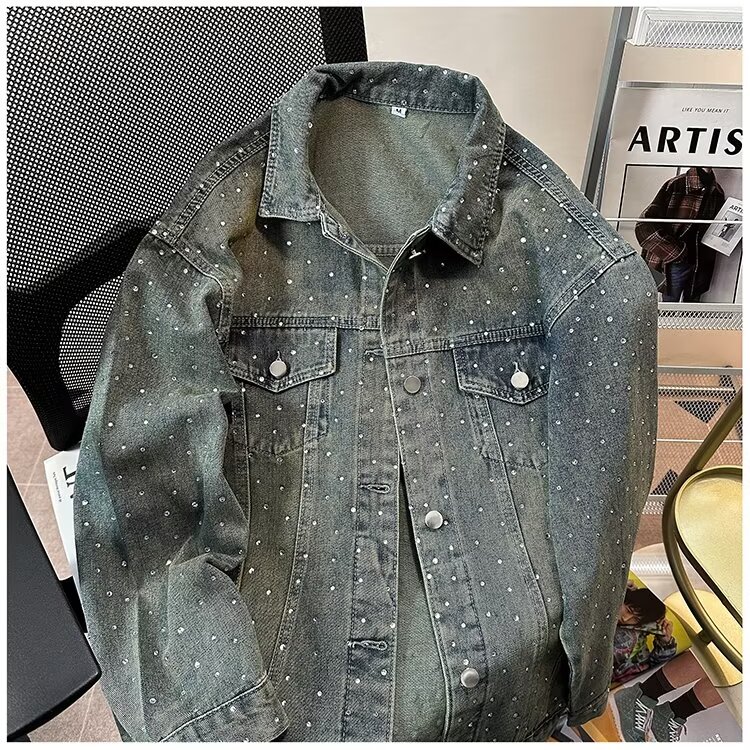 烫钻重工牛仔夹克外套满天星宽松复古牛仔外套高质量J341-p108,男装工装外套,星座1001-1
