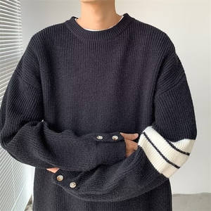 秋冬季条纹撞色圆领毛衣男韩系慵懒风高级感宽松针织线衣M283