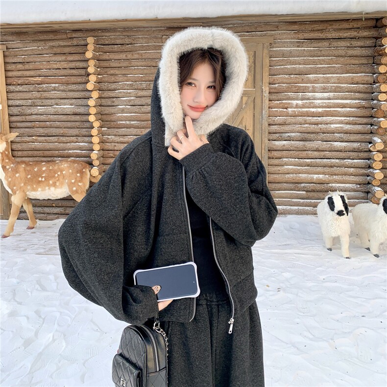 韩系慵懒风毛领连帽卫衣套装女冬季加绒加厚两件套休闲运动套装,女装套装/套裙,维壹
