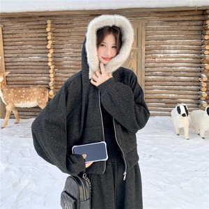 韩系慵懒风毛领连帽卫衣套装女冬季加绒加厚两件套休闲运动套装图片