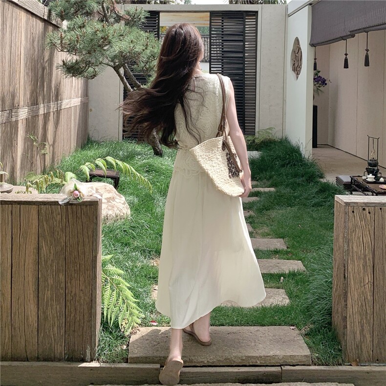 法式温柔风半身裙套装女2025夏季新款时尚气质蕾丝拼接背心两件套,女装连衣裙,2C166