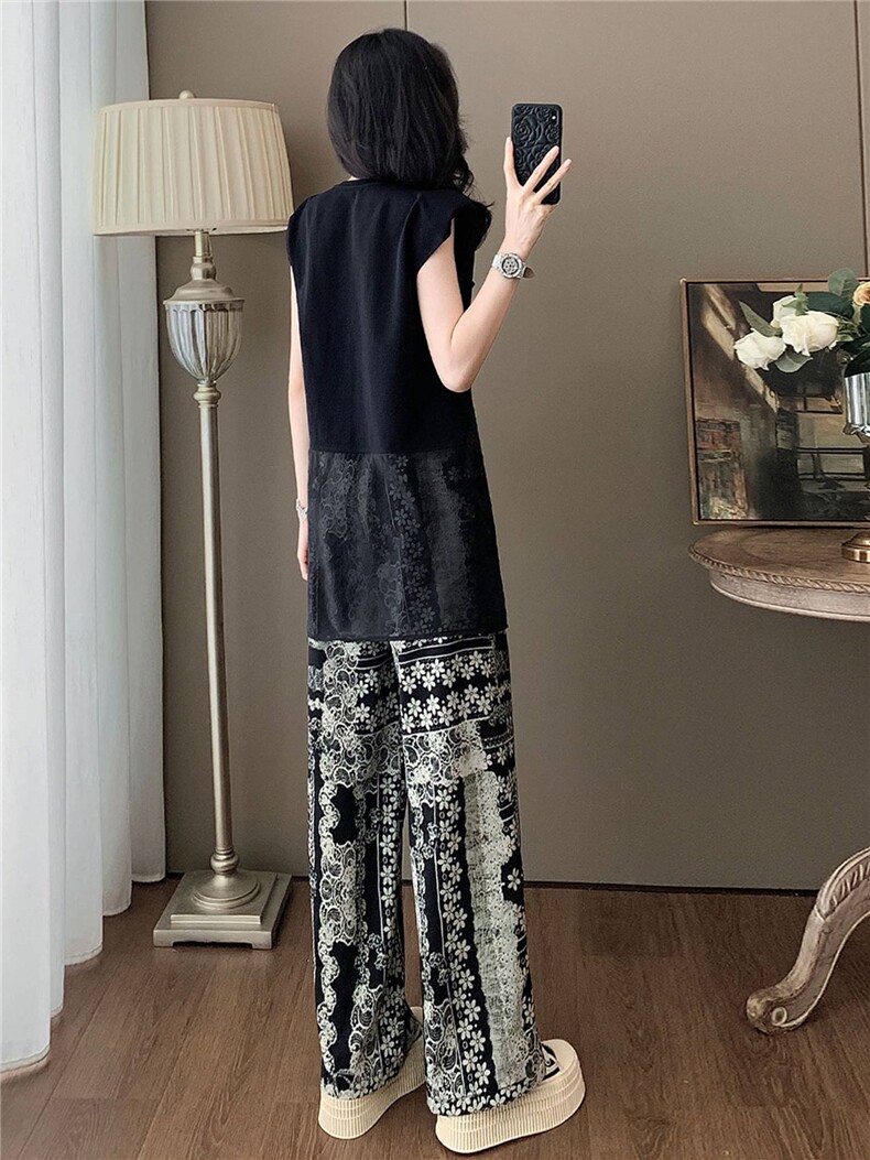 设计感小众时尚气质套装女夏圆领网纱拼接无袖上衣碎花长裤两件套,女装套装/套裙,江南