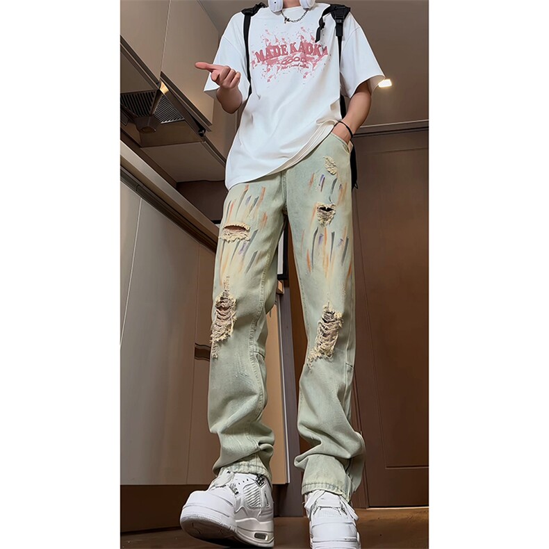 B221美式ins高街暗黑小众拉链喷墨破洞牛仔裤LK23085-P65控88,男装牛仔裤,电商B221