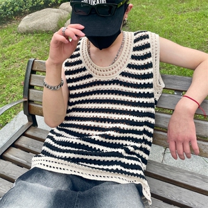背心夏季新款情侣高颜值慵懒风黑白色条纹针织男女JA501-P35图片