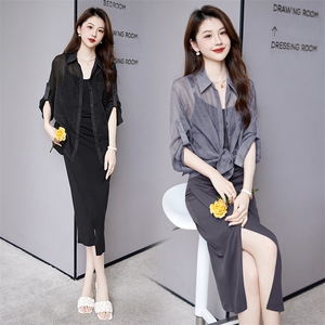 夏季套装2024年新款女休闲时尚洋气宽松防晒吊带裙套裙图片