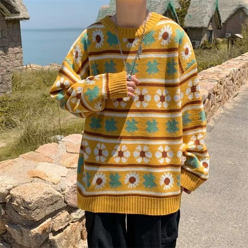 美式街头设计感圆领毛衣男慵懒风休闲针织衫M43P38图片