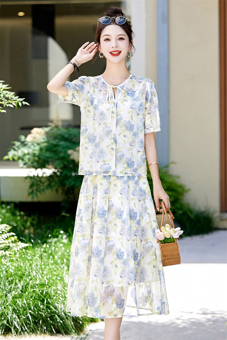 温柔风印花时尚套装裙女2024夏新款名媛气质上衣高腰半身裙两件套,女装套装/套裙,姿衣坊