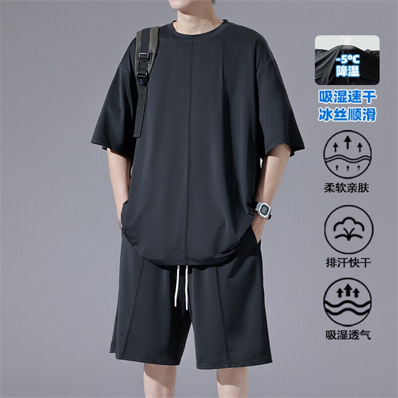 特批P45无差价25夏季冰丝凉感垂感复古大码速干两件套装男TZ5571图片