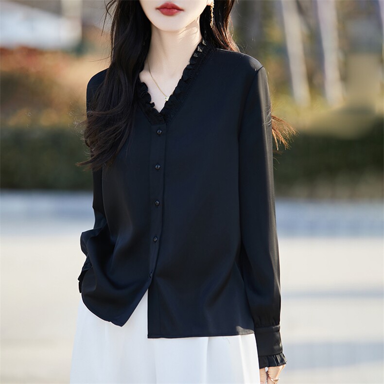 春秋新款缎面真丝长袖开衫女V领木耳边纯色百搭上衣宽松醋酸衬衫,女装衬衫,臻维羊绒