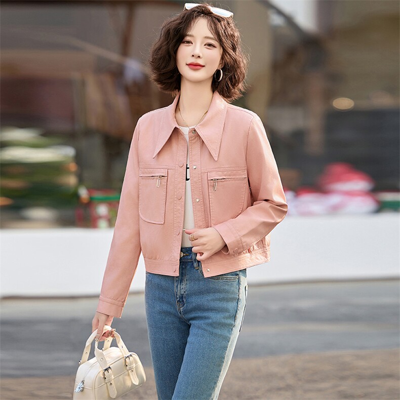 甜酷粉色减龄PU皮衣短外套女2025春季新款小个子翻领工装夹克上衣,女装皮衣,魅丽静蓝