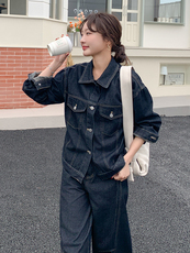 春装新款2025气质水洗工装牛仔收腰个性外套复古休闲阔腿裤两件套，女装套装/套裙，苗苗