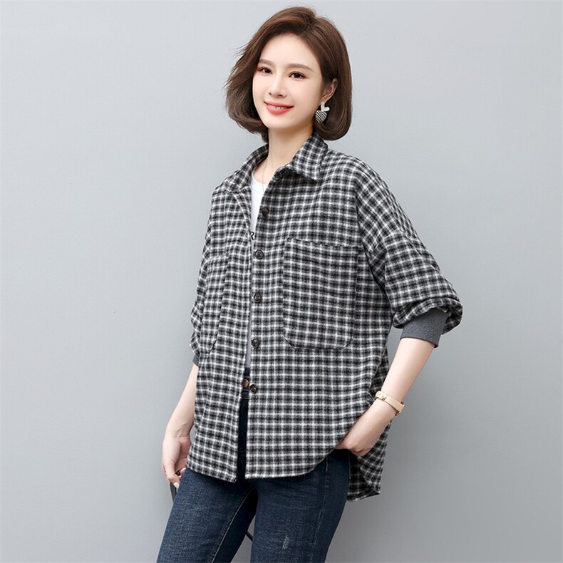 格子衬衫女长袖2022秋冬新款加厚磨毛衬衣时尚妈妈打的上衣,女装衬衫,忆绮罗