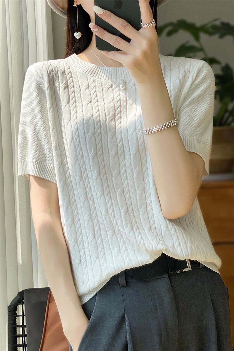 冰丝短袖t恤女夏季薄款新款宽松麻花内百搭针织打底衫女半袖上衣,针织衫/毛衣,萱芳婷羊绒