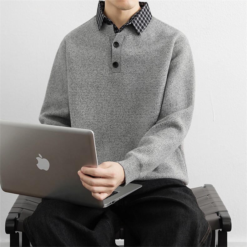 深灰色假两件条纹衬衣领针织衫男2025秋冬季重磅宽松套头毛衣,男装针织衫/毛衣,星座914