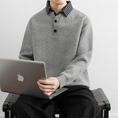 深灰色假两件条纹衬衣领针织衫男2025秋冬季重磅宽松套头毛衣，男装针织衫/毛衣，星座914