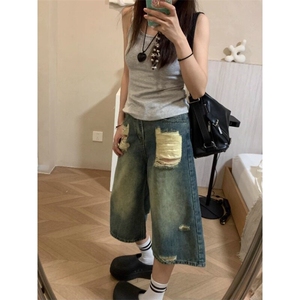 复古做旧破洞牛仔七分裤女夏季高街裤子高腰宽松直筒裤休闲阔腿裤图片