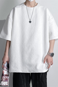 T8073/P30夏季宽松半袖潮短袖透气T恤男纯色提花重磅上衣大码男图片