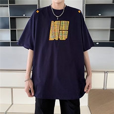 新款潮牌美式短袖T恤男复古宽松编制刺绣t恤男女情侣T547-P38，男装T恤，星座1001-1