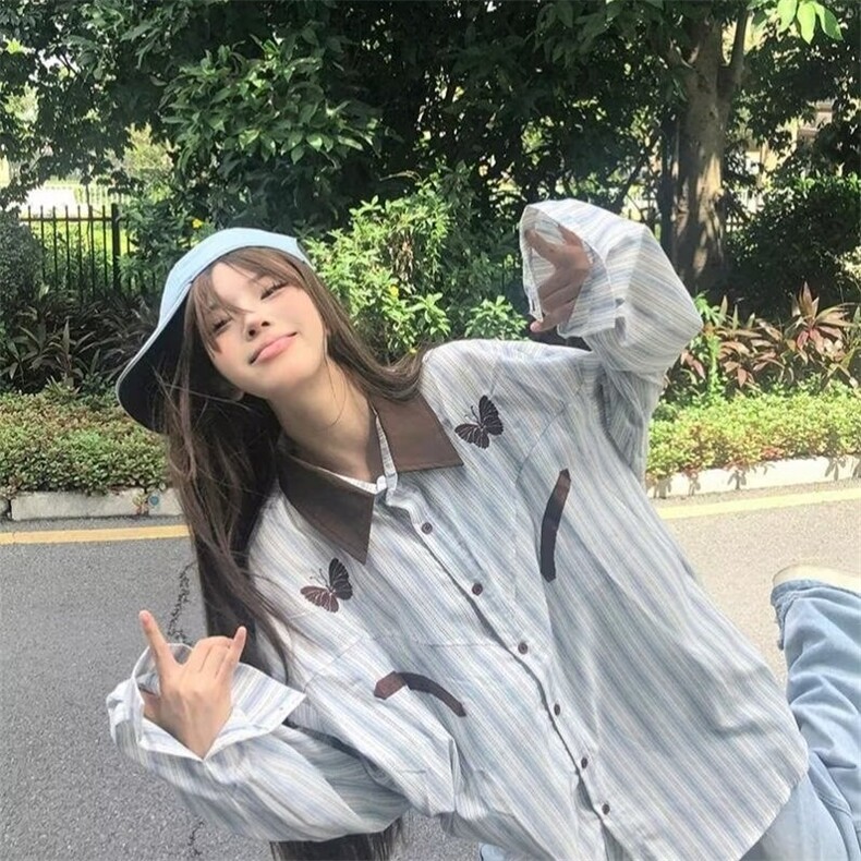 美式复古长袖衬衫日系港风ins宽松衬衣男女春秋潮流百搭休闲外套,男装衬衫,星座506A