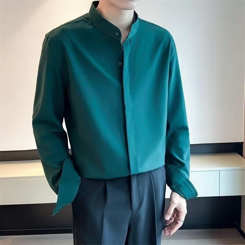 GS303P45新中式立领长袖白色衬衫纯色百搭日系垂感暗扣衬衣,男装衬衫,星座1108-5