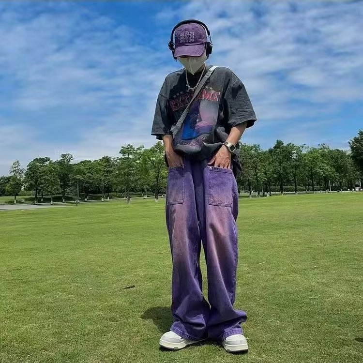 美式高街紫色直筒牛仔裤男女街头潮牌嘻哈复古宽松阔腿拖地长裤潮,男装休闲裤,星座310B-1