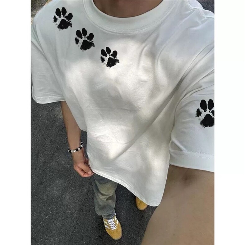 网图-三本针高品质猫爪设计小众印花圆领短袖T恤宽松男女2744-,男装T恤,电商C310-1