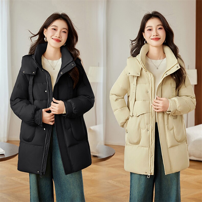 黄色连帽羽绒服女中长款2024冬季新款宽松休闲超好看白鸭绒厚外套,女装羽绒服,自然秀