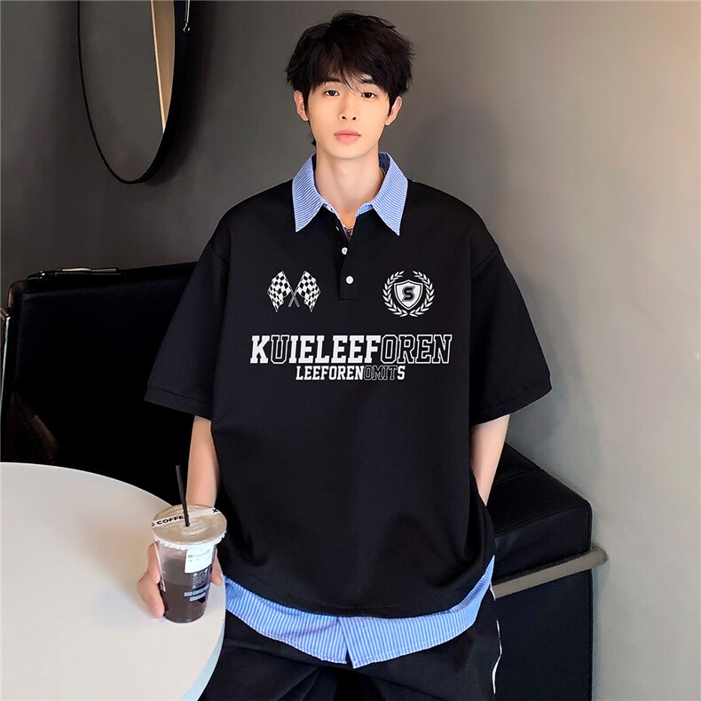 假两件POLO衫翻领美式复古氛围感慵懒潮牌少年感短袖T恤T300-P48,男装Polo衫,电商C307