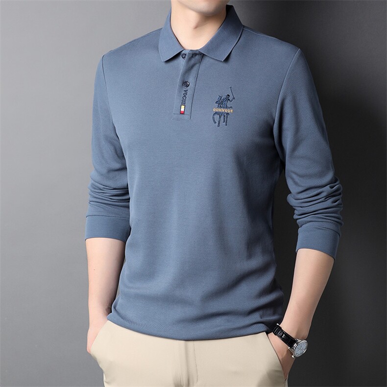 刺绣长袖t恤男新款2024年春秋季商务休闲衣服纯棉宽松翻领polo衫,男装T恤,钱塘6003A(原)4033A