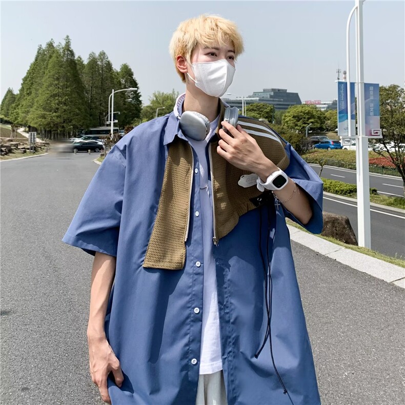 衬衫拼接原宿潮流标准新款男潮简约五分袖夏季W1266-P40,男装衬衫,星座1109-3