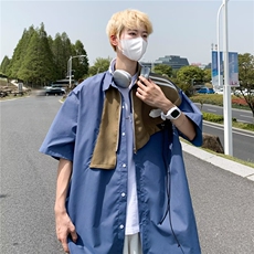 衬衫拼接原宿潮流标准新款男潮简约五分袖夏季W1266-P40，男装衬衫，星座1109-3