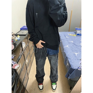 B221美式ins高街暗黑小众个性拼接直筒牛仔裤LK23141-P65控88,短上衣搭配紫色图片