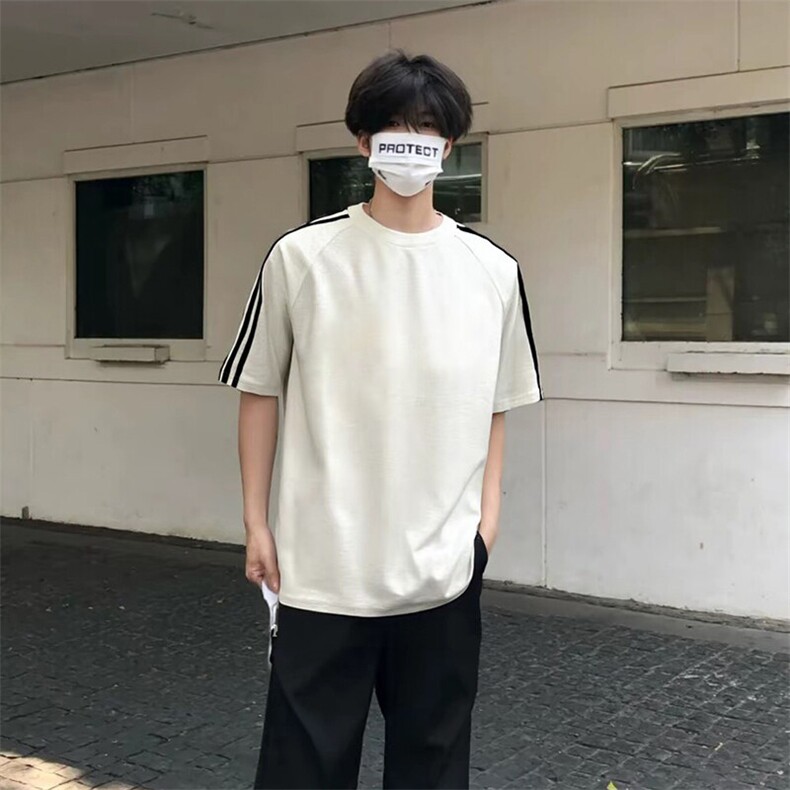 抖音得物高品质二开240克宽松纯棉美式潮牌三条杠织带短袖T恤,男装T恤,电商A486