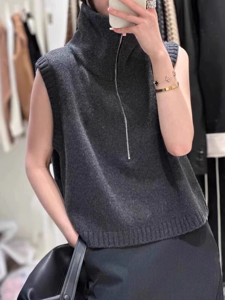 小禾同款羊毛马甲秋冬新半拉链双层领设计坎肩背心翻领女无袖毛衣,女装马甲,朝辰羊绒