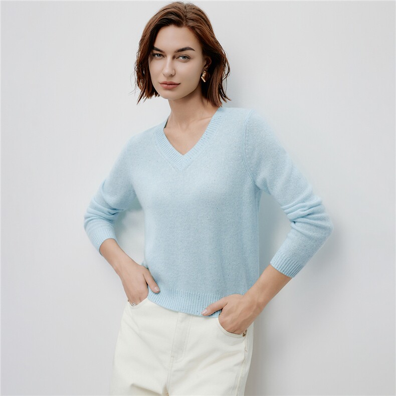 2025秋冬新款100%山羊绒V领纯色休闲百搭毛衣针织套衫,女装羊绒衫,阿舍尔精品