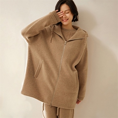 时尚保暖女士羊绒大衣宽松连帽设计优雅显瘦秋冬，女装羊绒大衣，绒创羊绒