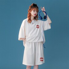 中性夏季时尚冰丝华夫格宽松运动风T恤情侣套装TZ851P50控68，女装运动套装，A247A