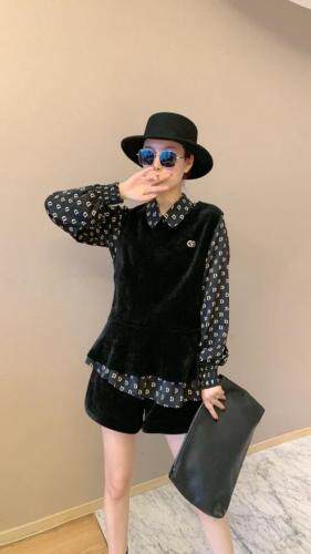 春季新款，D字仿真丝衬衣三件套裤，女装，东洋天堂之花