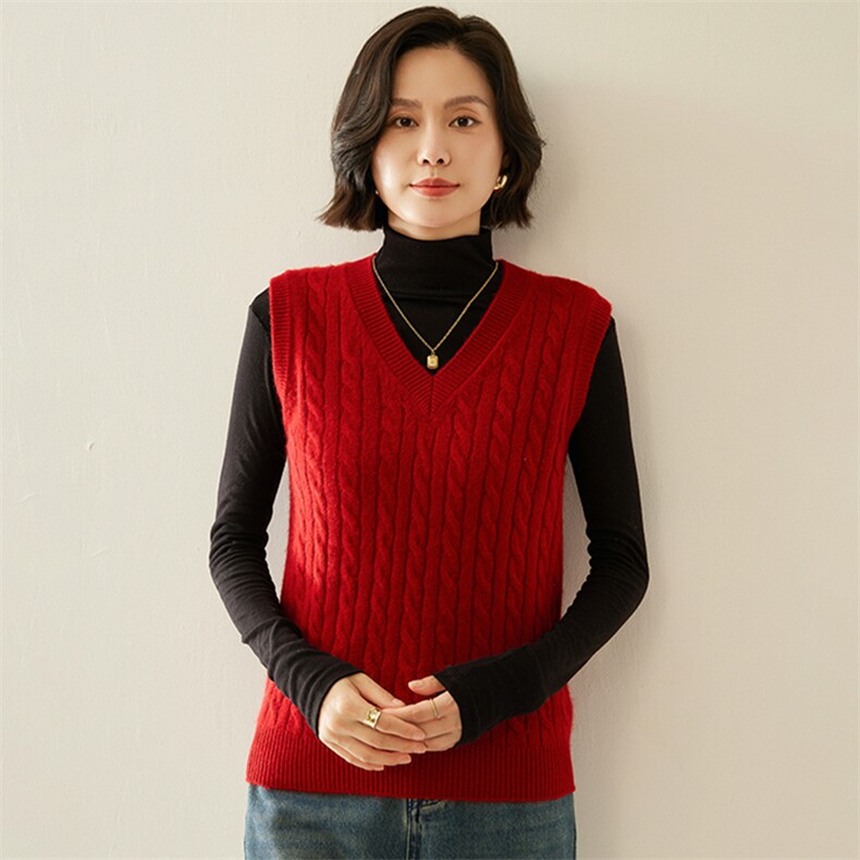叠穿马甲女纯山羊绒V领扭花加厚无袖坎肩24秋冬针织毛衣马夹,女装马甲,纳丰羊绒