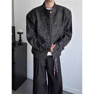 1506/Q25830/P65灰色皮衣外套男春秋美式复古机车骑行服飞行外套图片