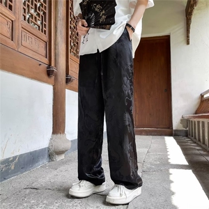 提花布包边冰丝夏季休闲裤直筒新中式古风长裤K9540