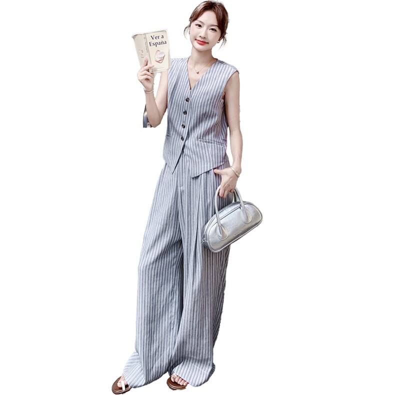 韩版复古条纹马甲阔腿裤套装女2025夏季新款老钱风百搭显瘦两件套,女装休闲裤,2D008