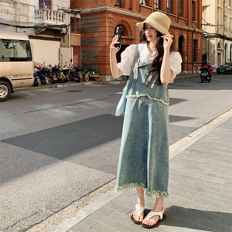法式复古牛仔背带裙女2025夏季新款高级感时尚休闲百搭流苏连衣裙,女装连衣裙,2C029