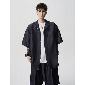 8XL-M 夏季简约高级感冰丝牛仔古巴领男休闲痞帅宽松套装潮TZ109图片